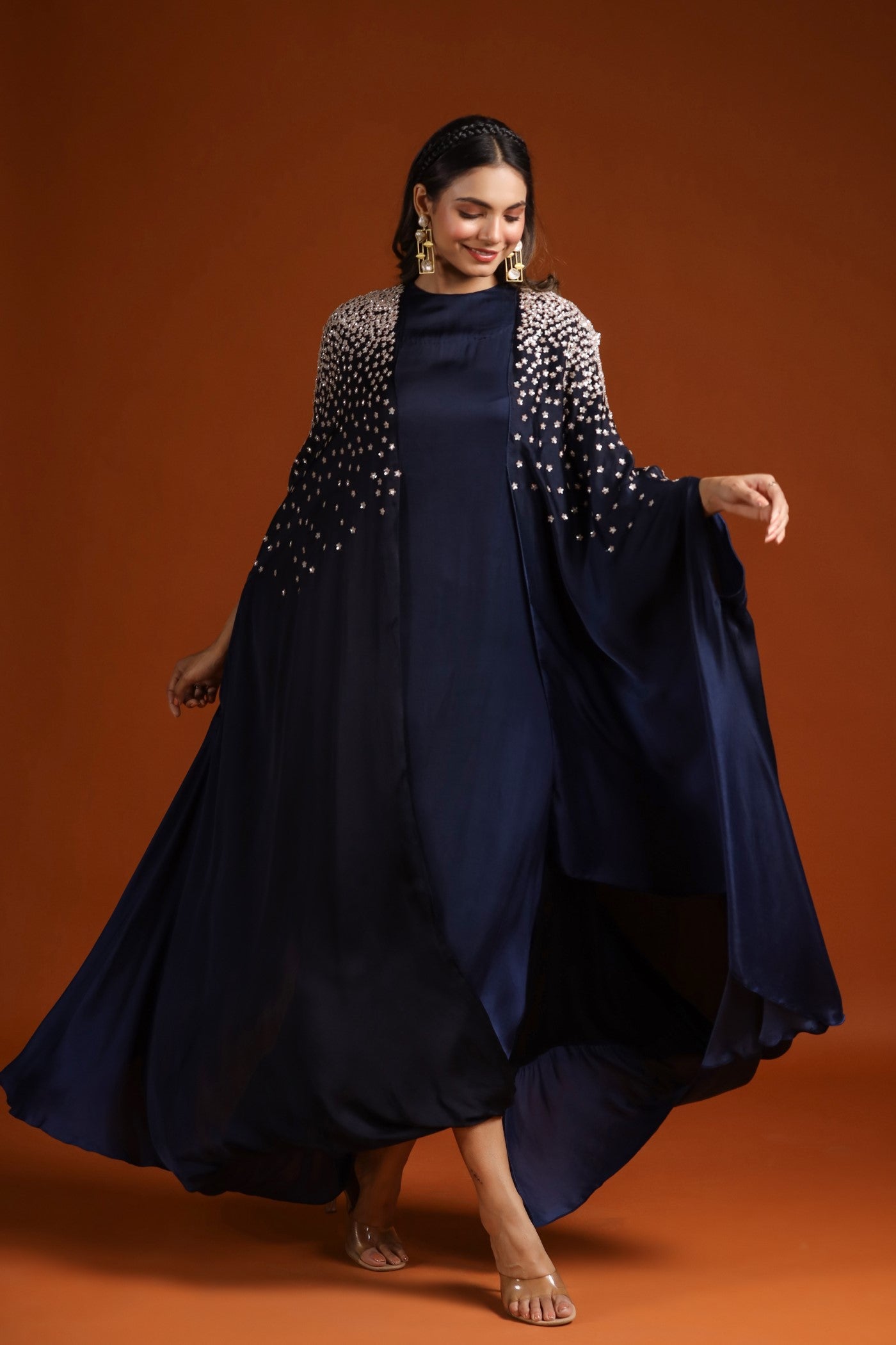 Navy Blue Embellished Draped Gown