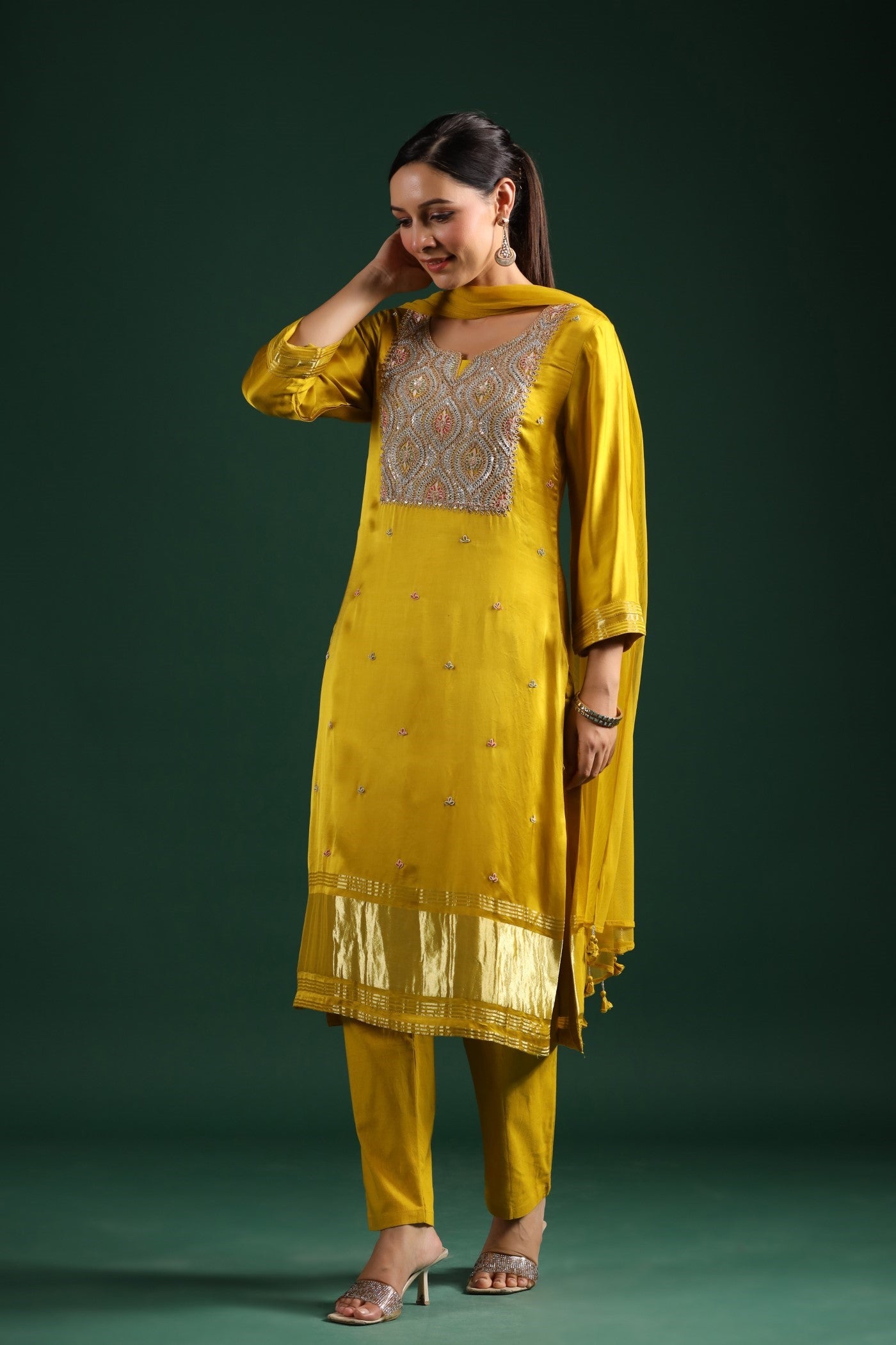 Yellow Zari Embroidered Gajji Silk Kurta Set