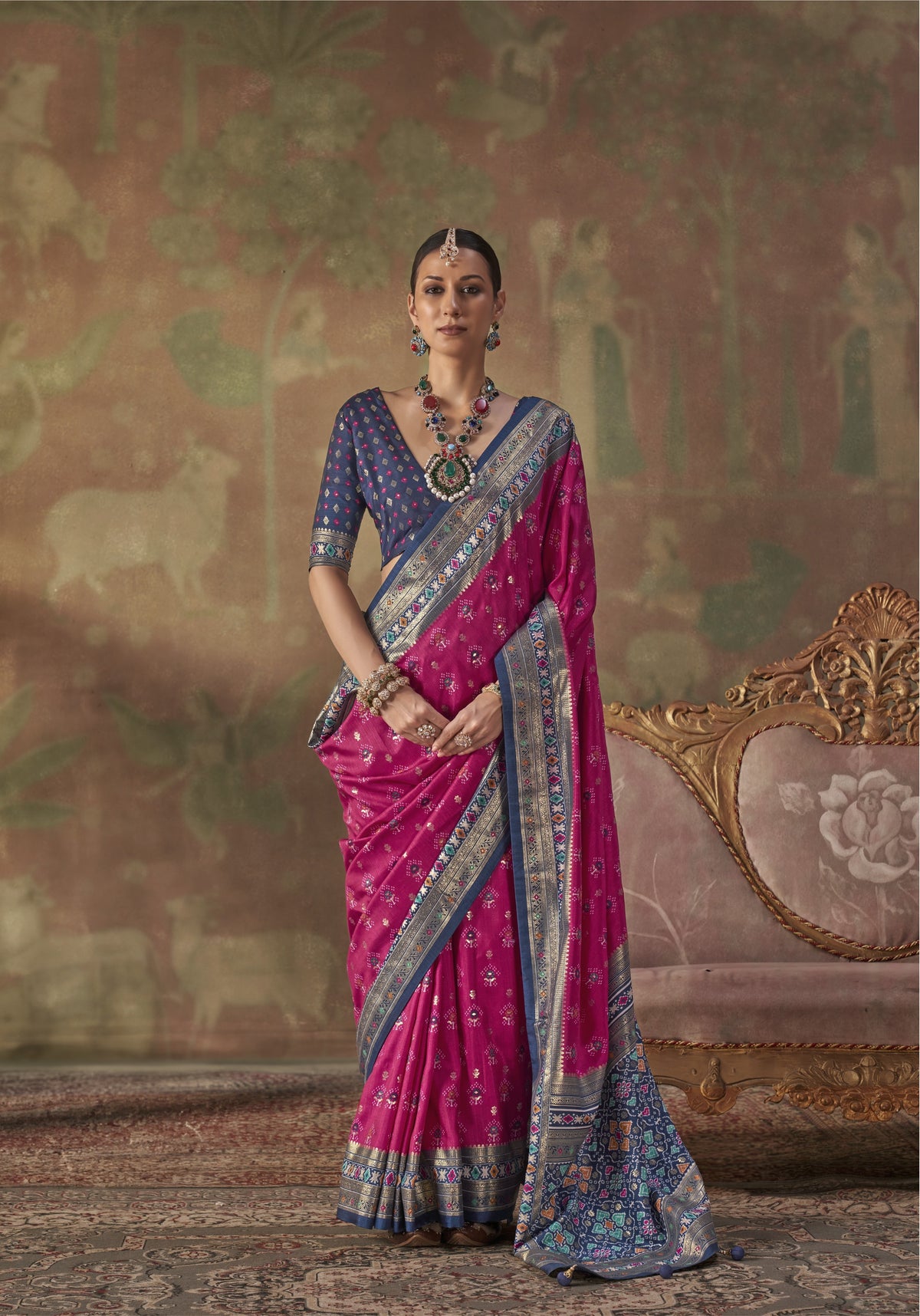 Magenta Pink Printed Premium Silk Saree
