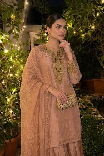 Dusty Rose Embellished Shimmer Tissue Silk Sharara Set