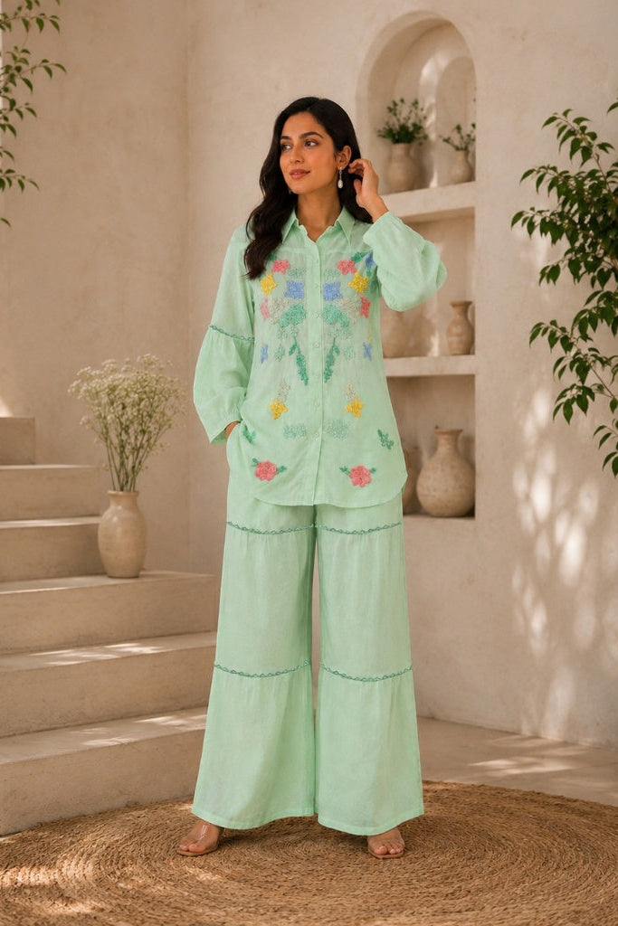 Mint Bloom Embroidered Linen Co-Ord Set