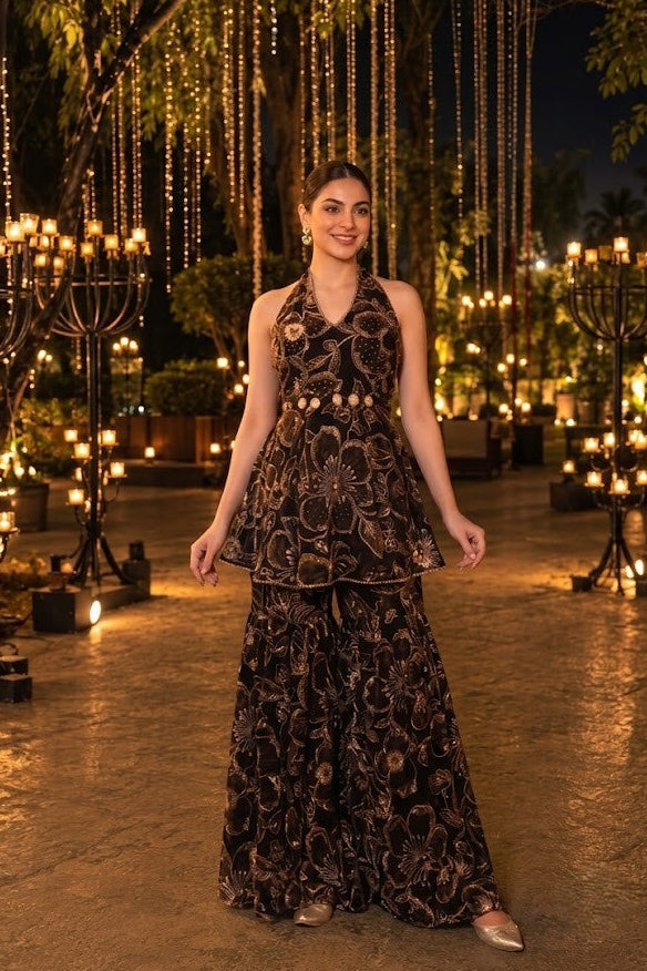 Jet Black Embellished Georgette Silk Sharara Set