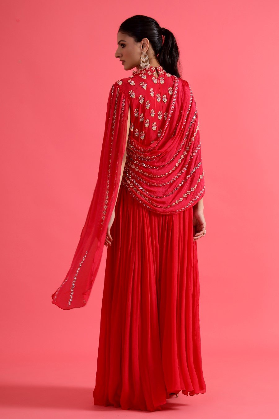 Reddish Pink Embellished & Draped Chinon Silk Gown