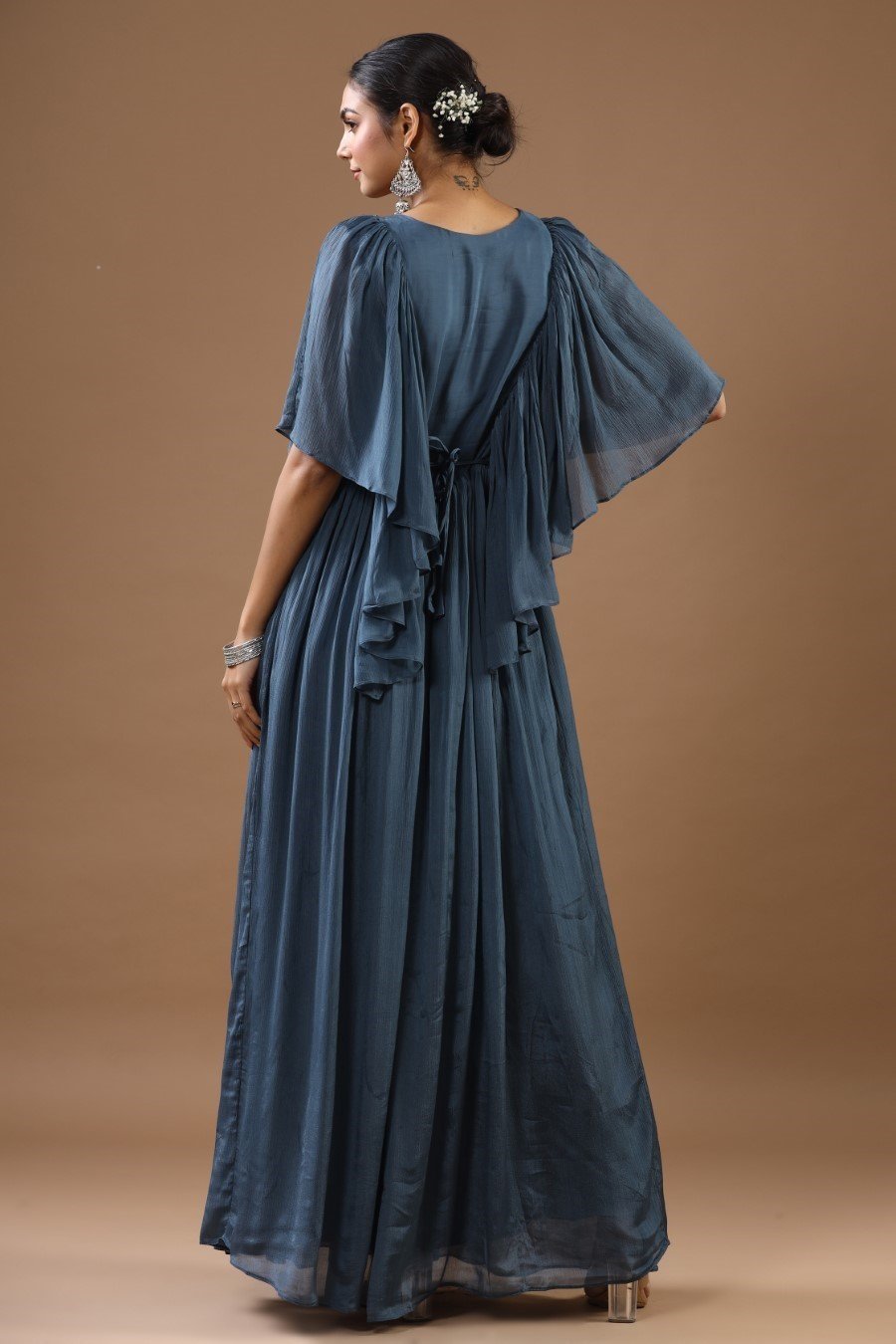 Steel Blue Chinon Silk Embellished Gown