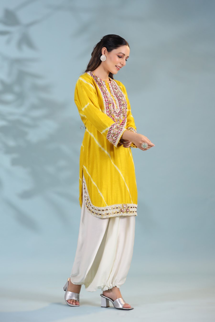 Festive Yellow Leheriya Embroidered Kurta with Harem Pants