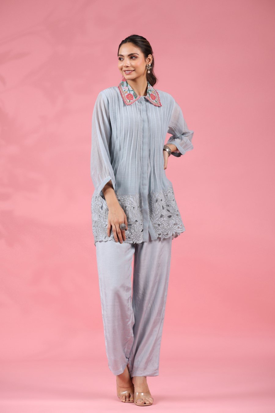 Pastel Blue Chanderi Silk Embroidered Co-ord Set