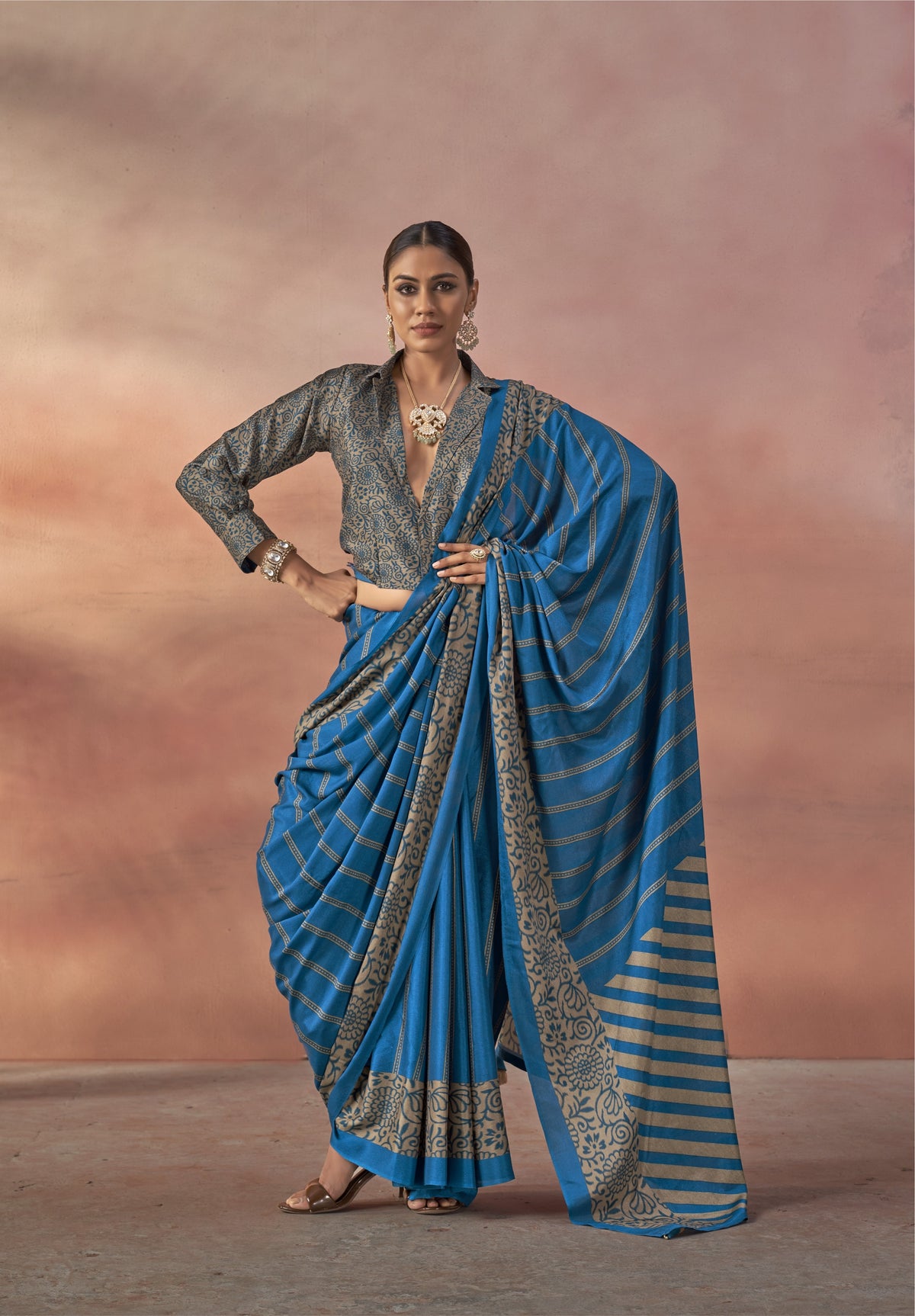 Ocean Teal Printed Crepe Silk Saree