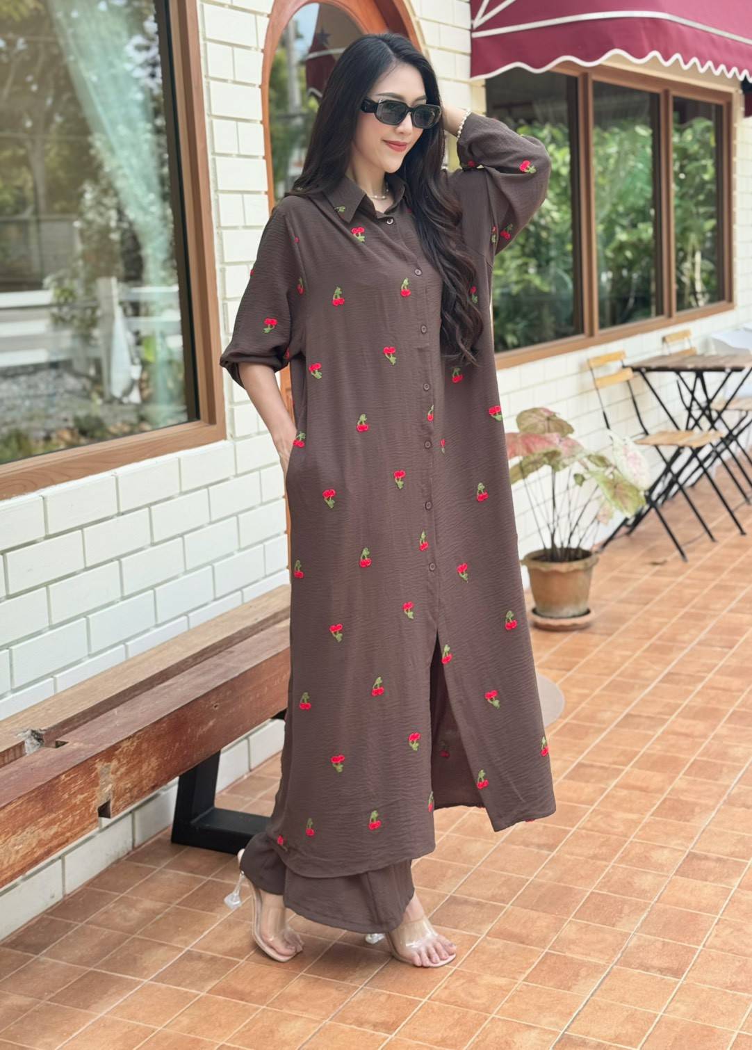 Chocolate Brown Floral Embroidered Cotton Co-ord Set