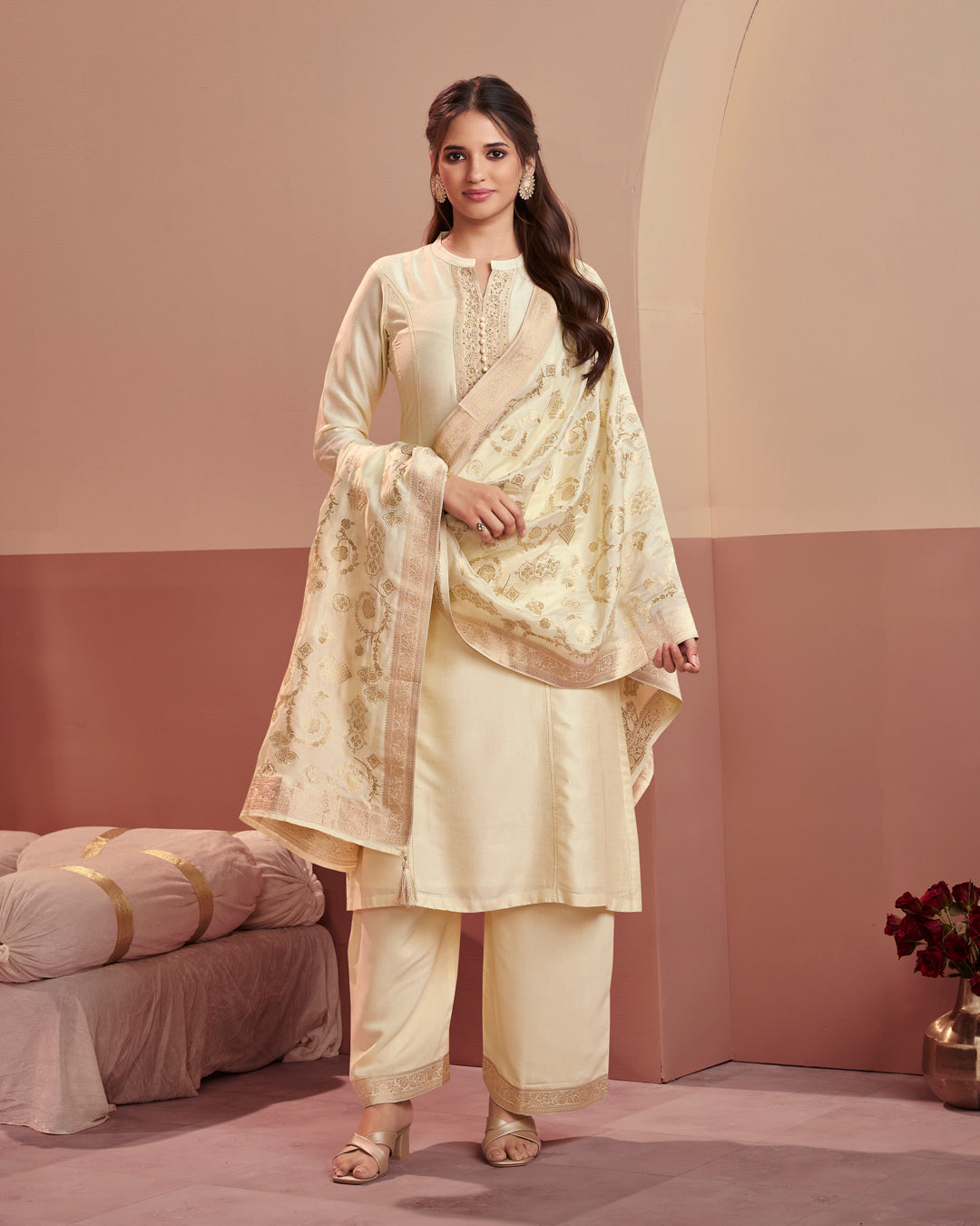Champagne Royale Embellished Vichitra Silk Pant Set