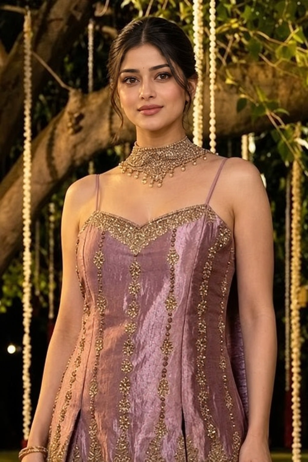 Rose Pink Embellished Shimmer Silk Palazzo Set