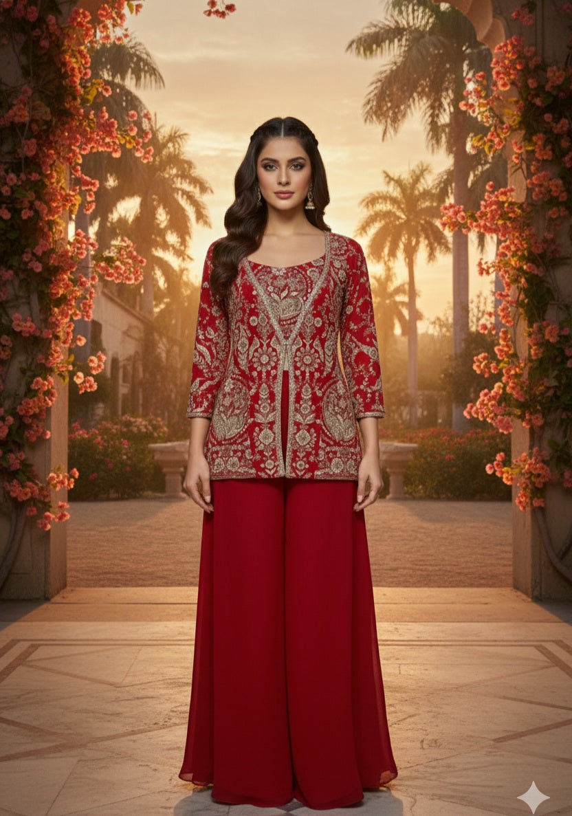 Ruby Red Embellished Georgette Silk Palazzo Set
