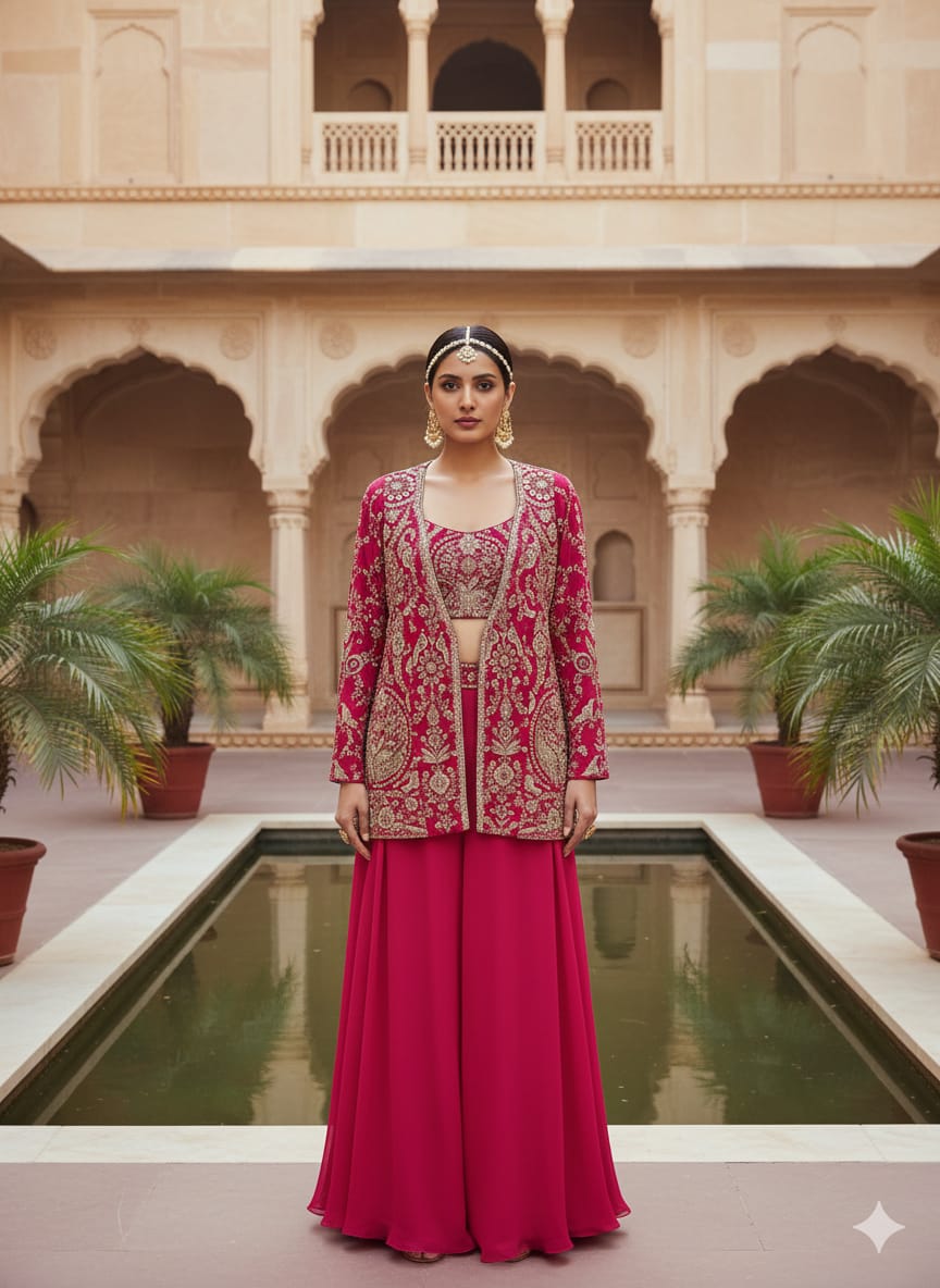 Rani Pink Embellished Georgette Silk Palazzo Set