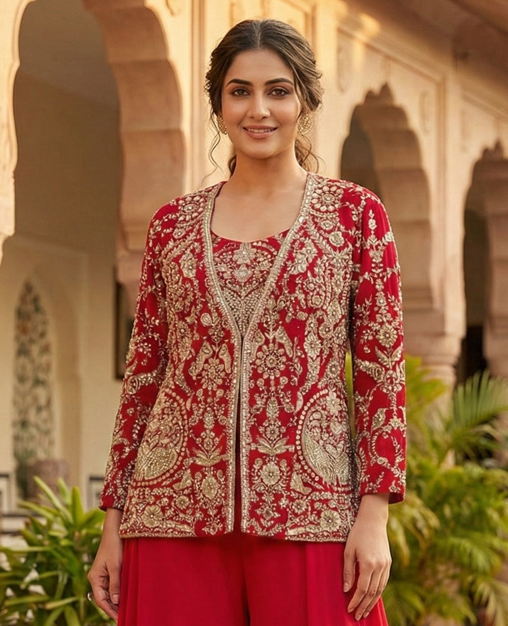 Ruby Red Embellished Georgette Silk Palazzo Set
