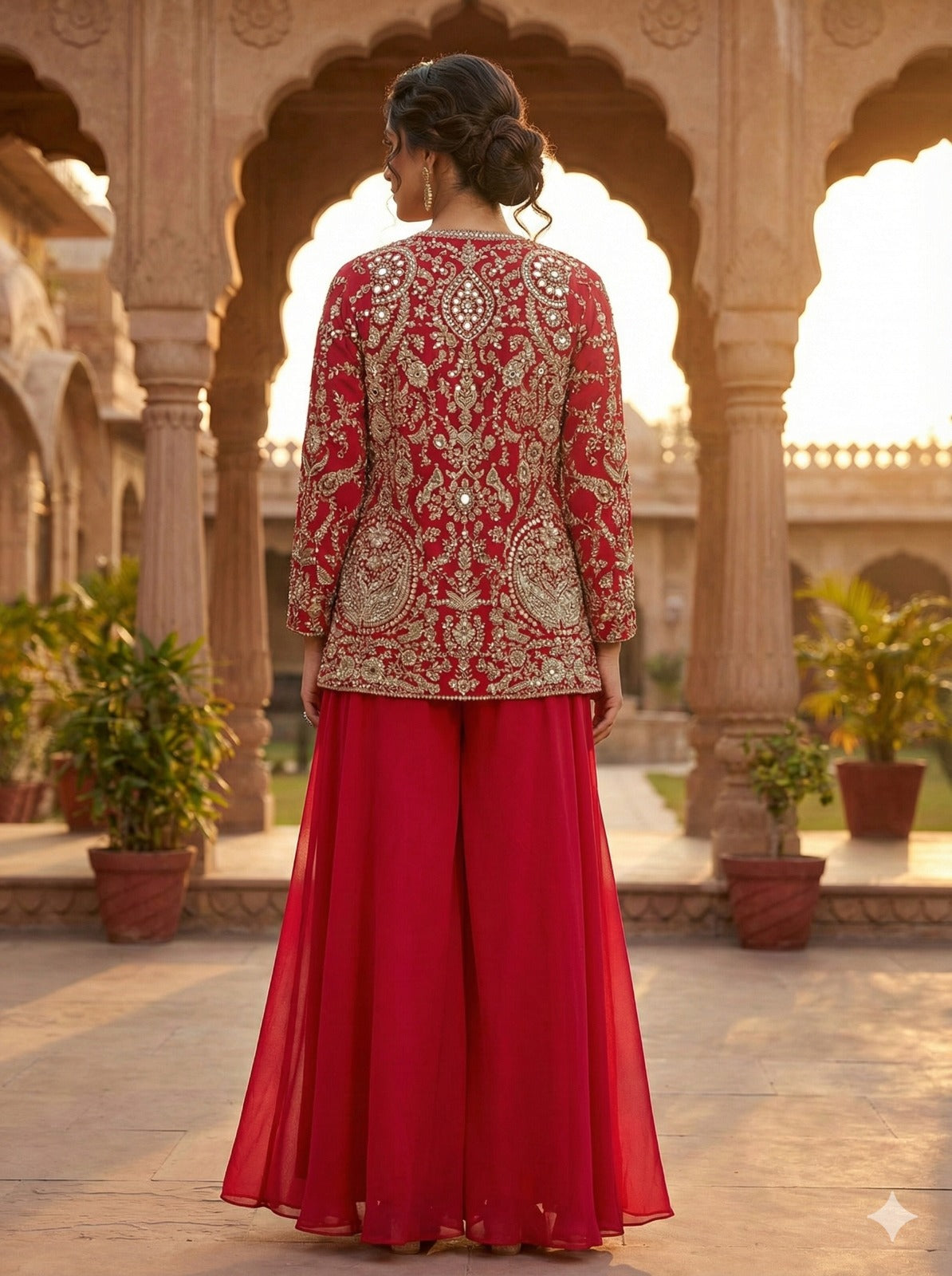 Ruby Red Embellished Georgette Silk Palazzo Set
