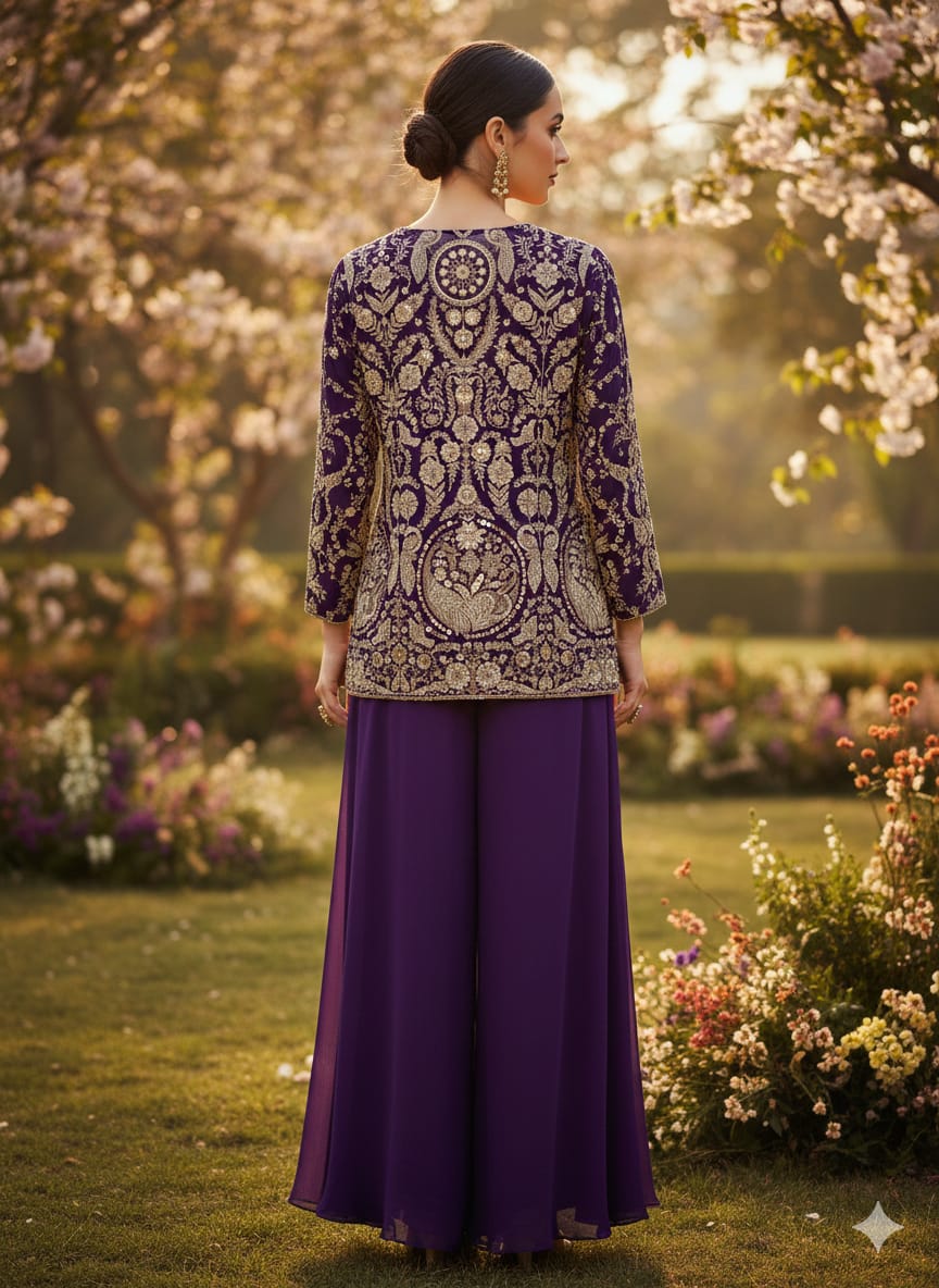 Midnight Purple Embellished Georgette Silk Palazzo Set