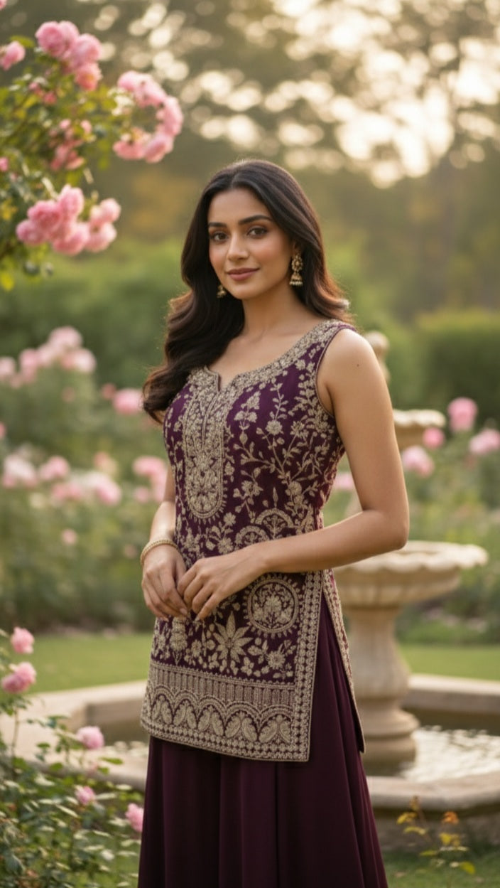 Deep Wine Embroidered Georgette Silk Palazzo Set