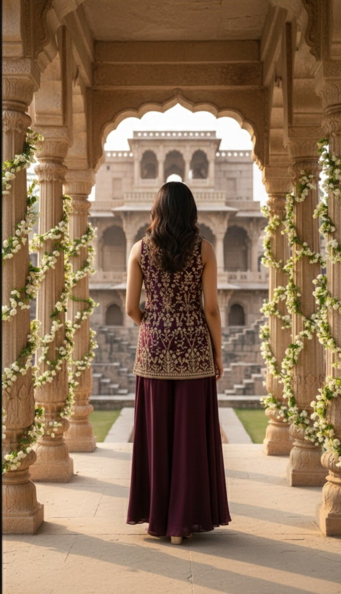 Deep Wine Embroidered Georgette Silk Palazzo Set