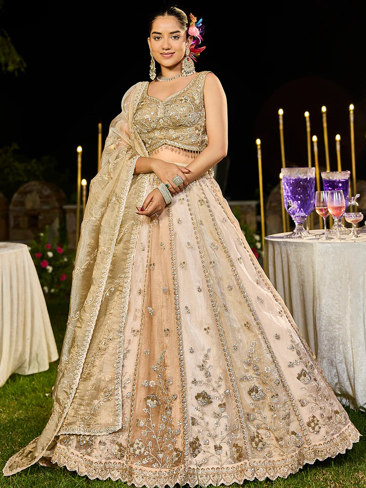 Cream Coffee Embellished Premium Silk Lehenga Set