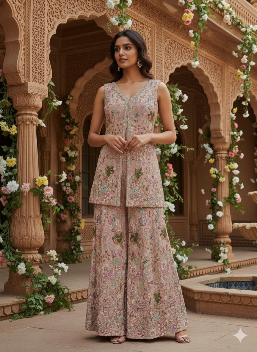 Blush Pink Embroidered Premium Silk Palazzo Set
