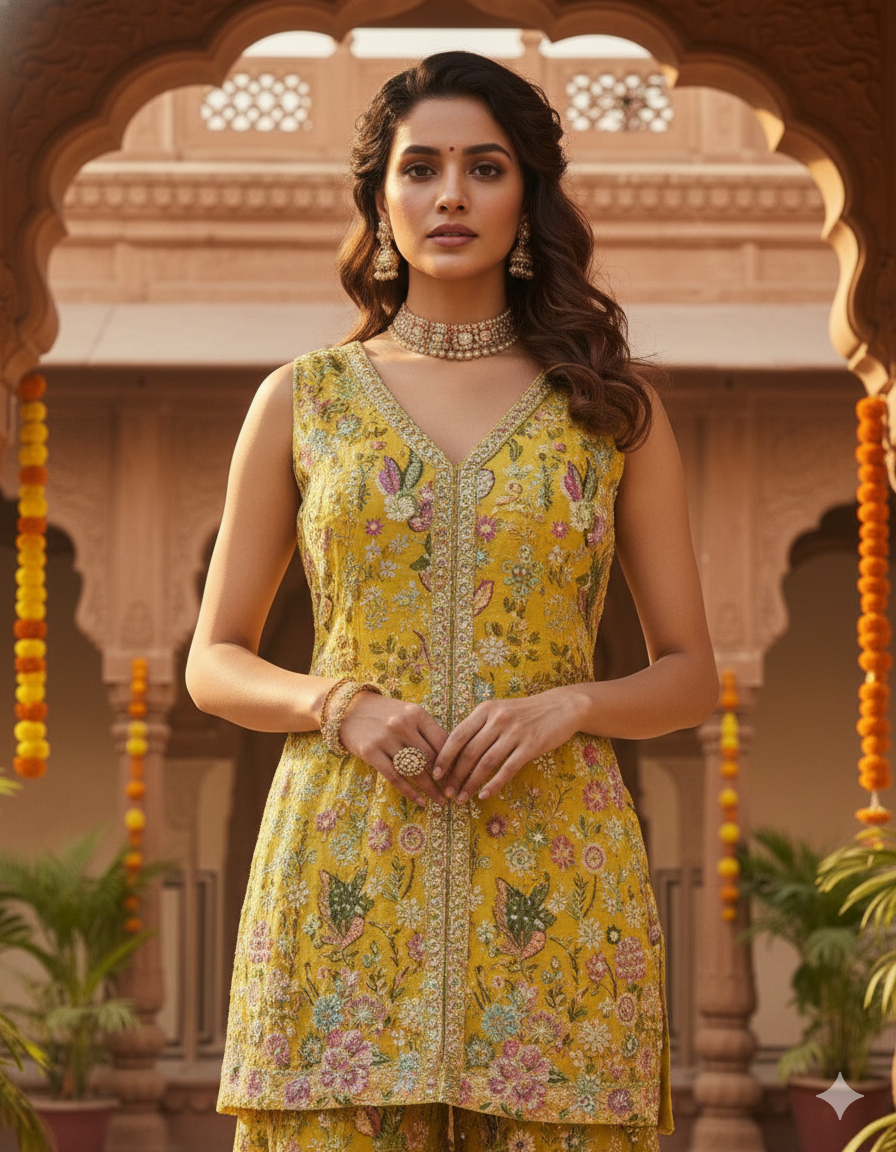 Sunshine Yellow Embroidered Tissue Silk Palazzo Set