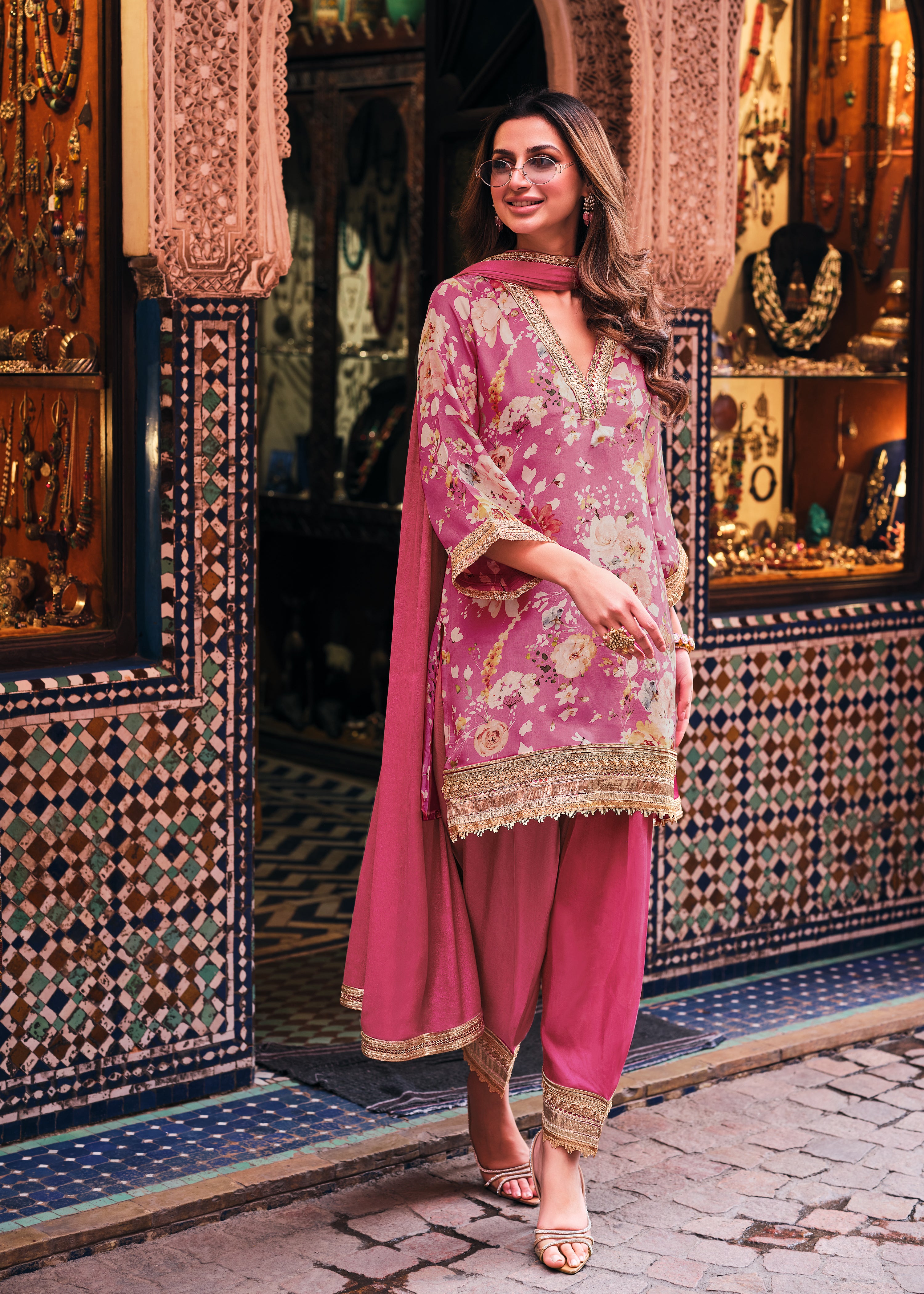 French Pink Botanical Printed Crepe Silk Salwar Suit Set