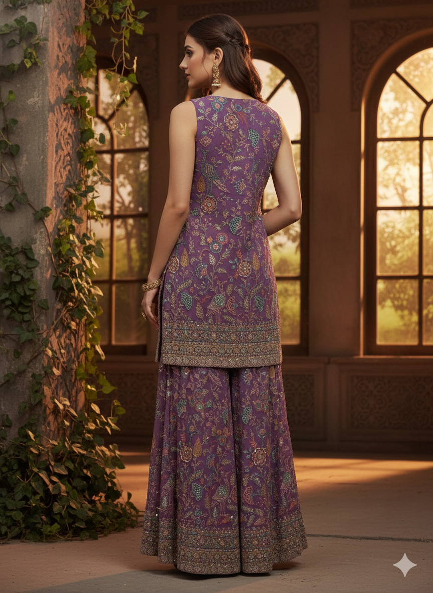 Purple Embroidered Premium Silk Palazzo Set