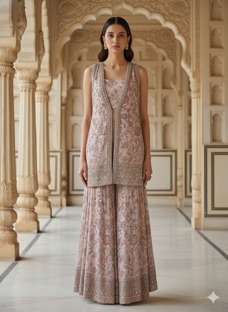 Light Pink Embroidered Premium Silk Palazzo Set