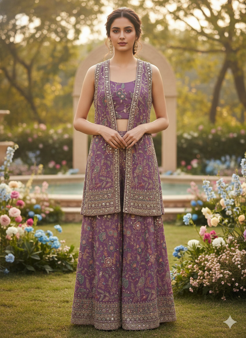 Purple Embroidered Premium Silk Palazzo Set