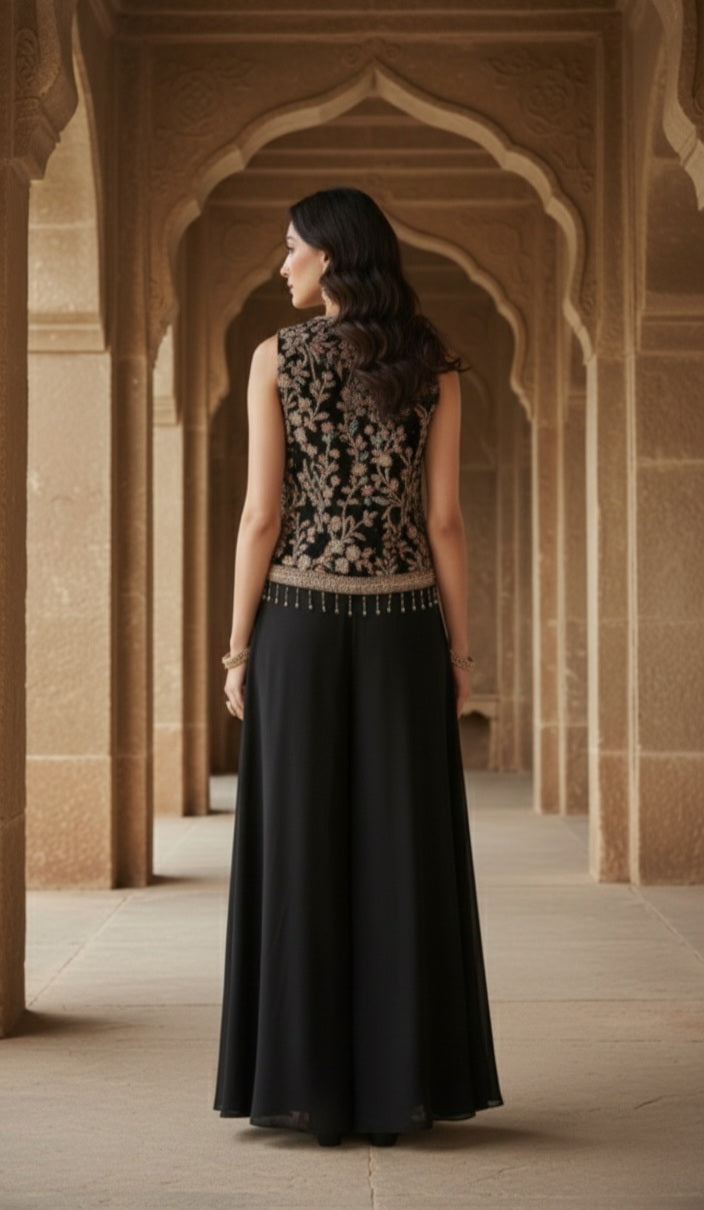 Jet Black Embroidered Georgette Silk Palazzo Set