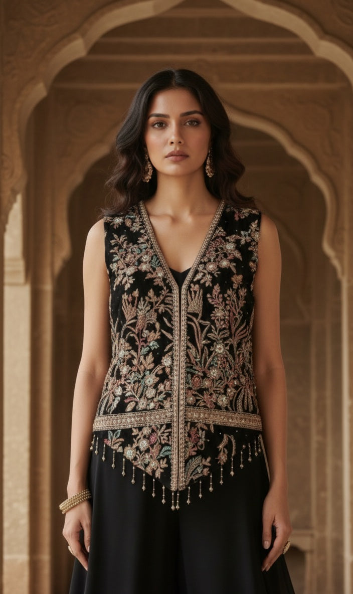 Jet Black Embroidered Georgette Silk Palazzo Set