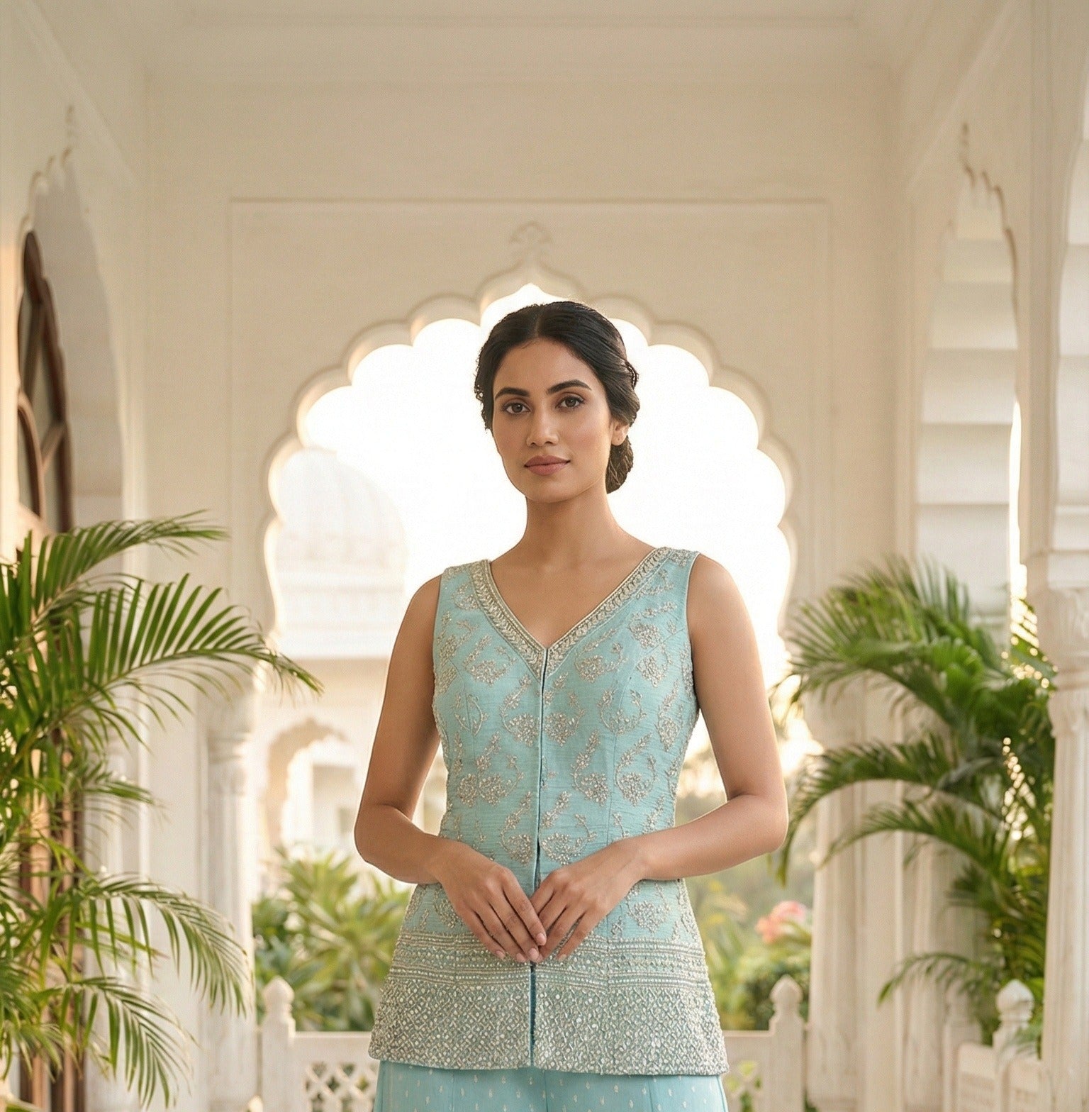 Light Blue Embroidered Georgette Silk Palazzo Set