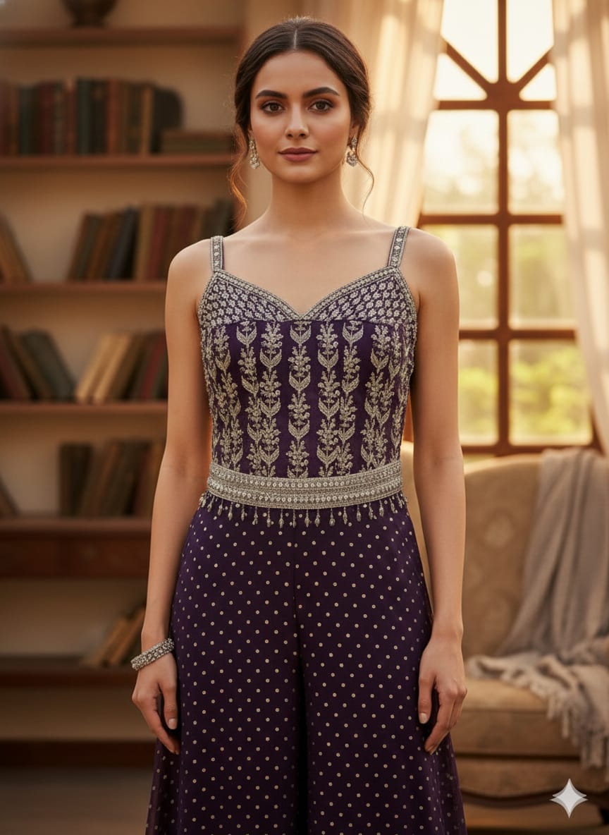 Deep Purple Embroidered Georgette Silk Palazzo Set