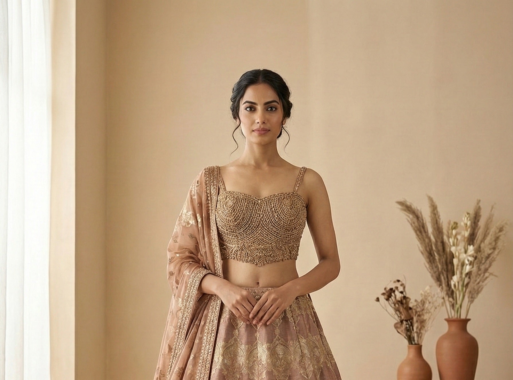 Dusty Rose Embellished Brocade Silk Lehenga Set