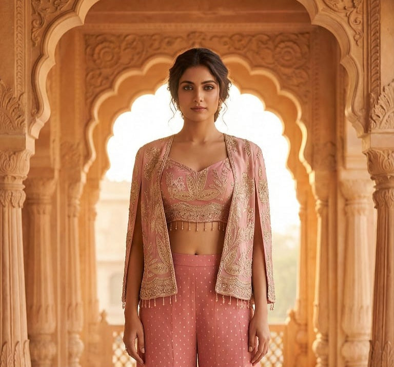 Light Pink Embellished Georgette Silk Cape Set