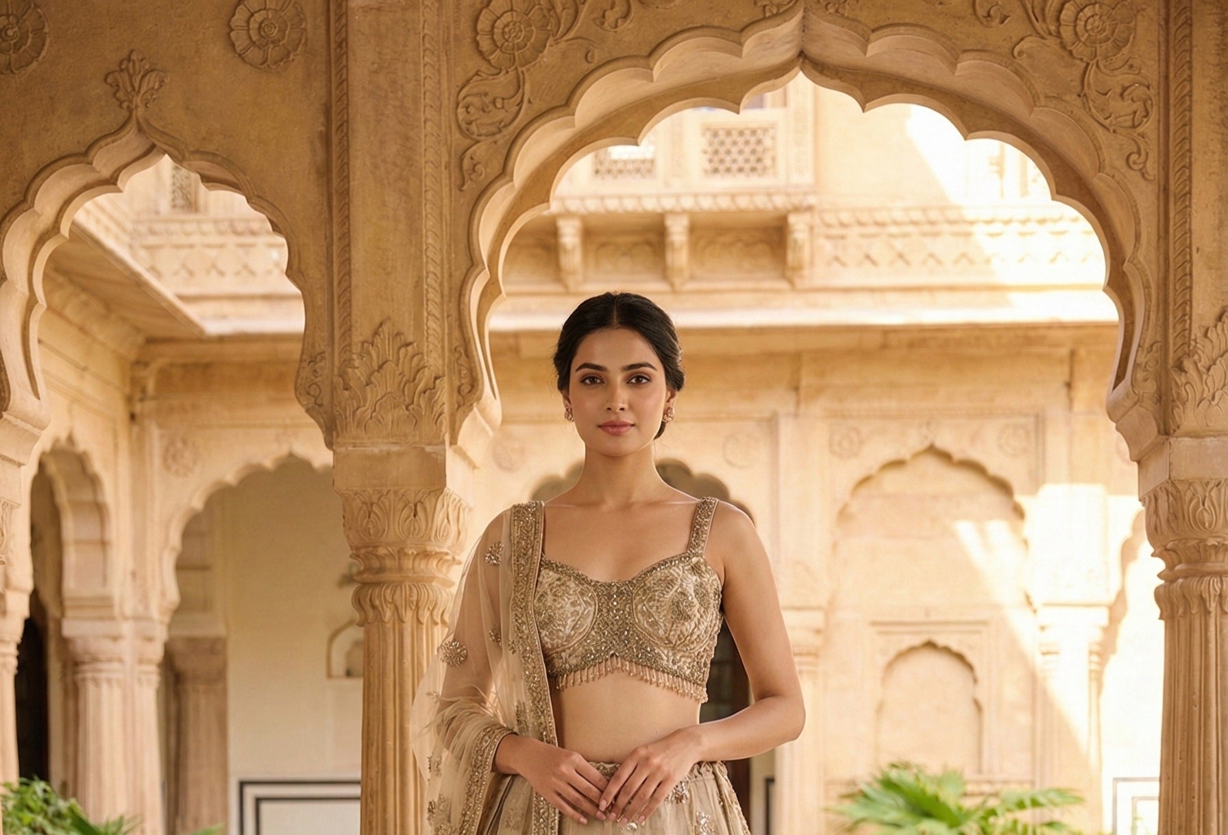 Champagne Gold Embellished Georgette Silk Lehenga Set