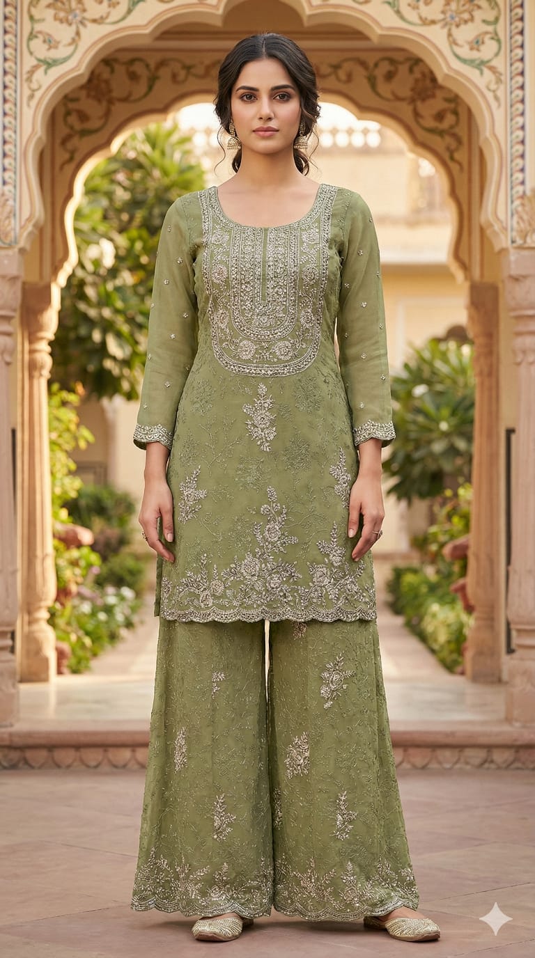 Olive Green Embellished Georgette Silk Palazzo Set