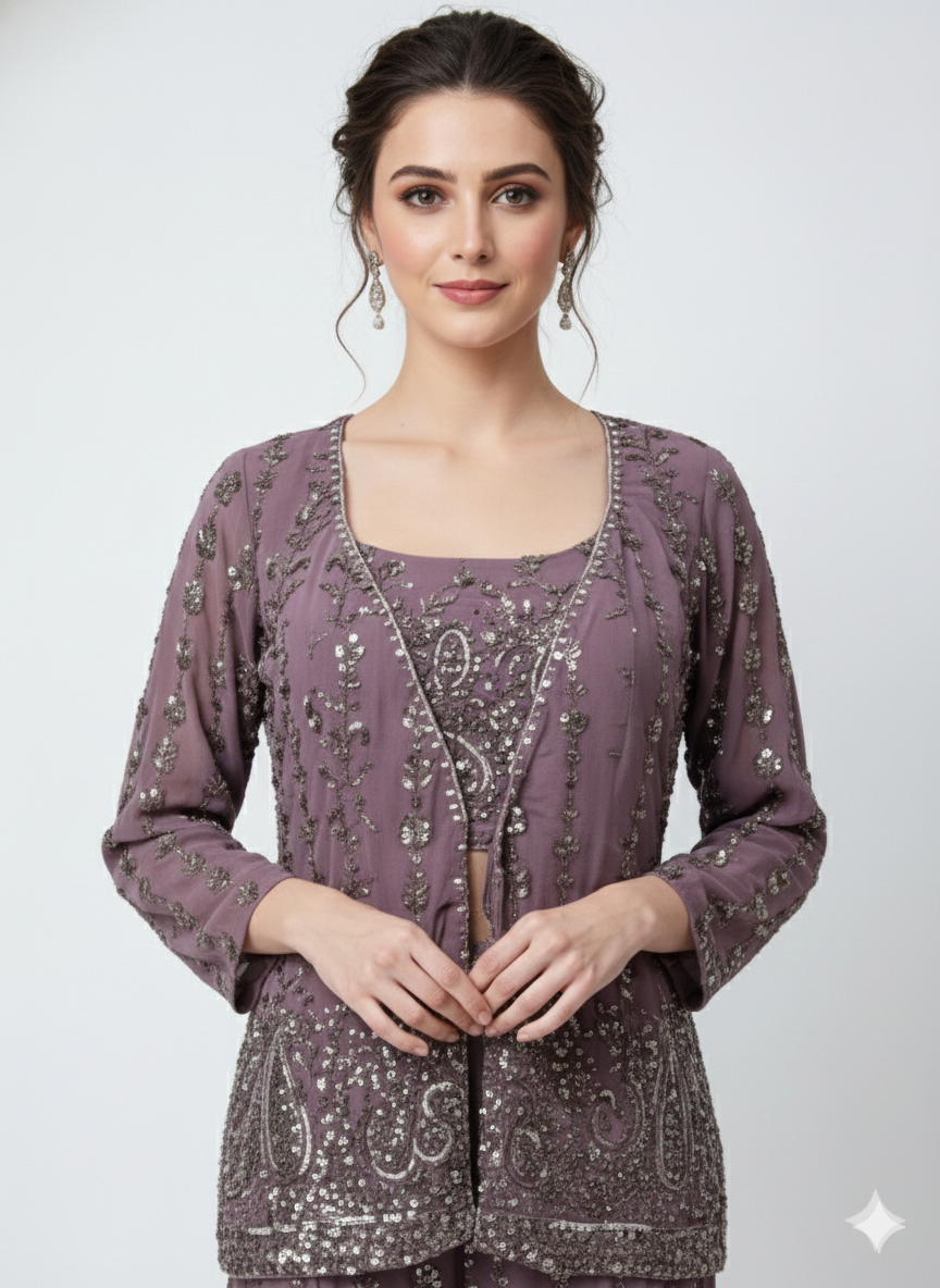 Dusty Mauve Embellished Georgette Silk Palazzo set