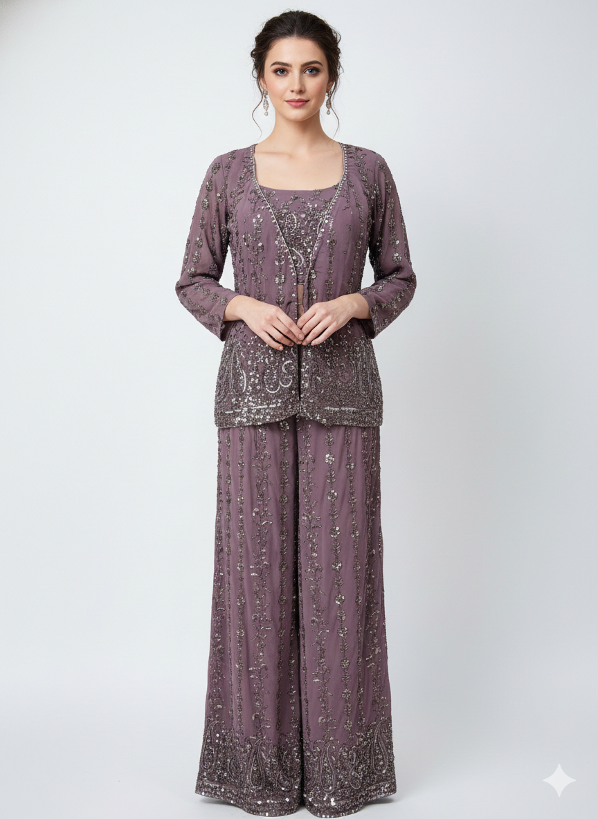 Dusty Mauve Embellished Georgette Silk Palazzo set