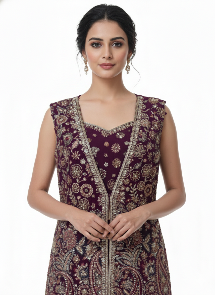 Sangria Floral Embellished Georgette Silk Palazzo Set