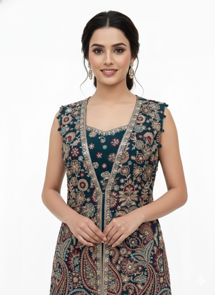 Dark Teal Embellished Georgette Silk Palazzo Set