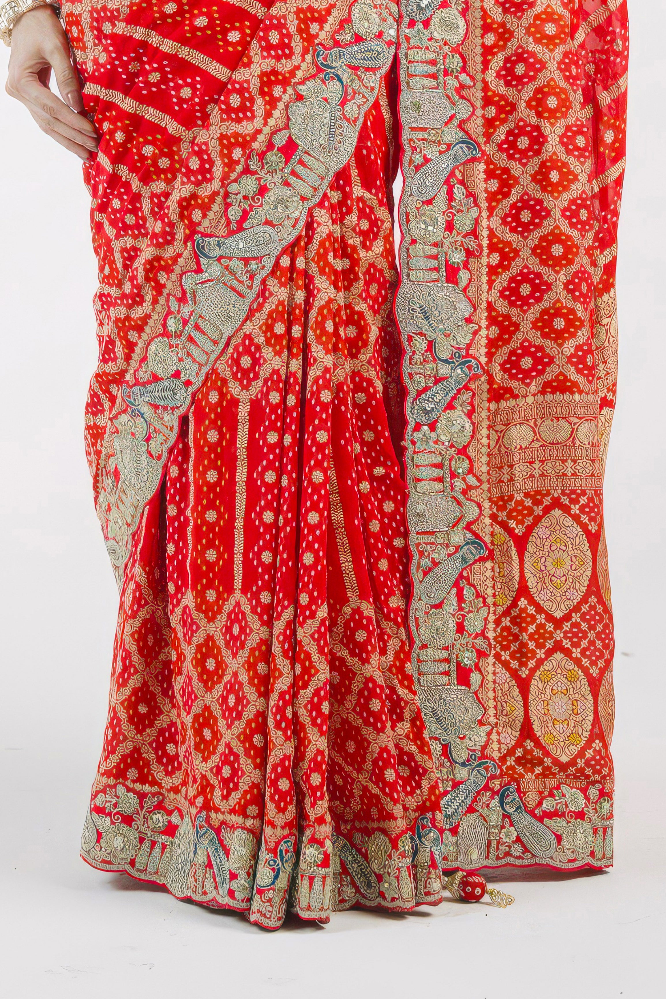 Bright Red Embellished Banarasi Silk Saree