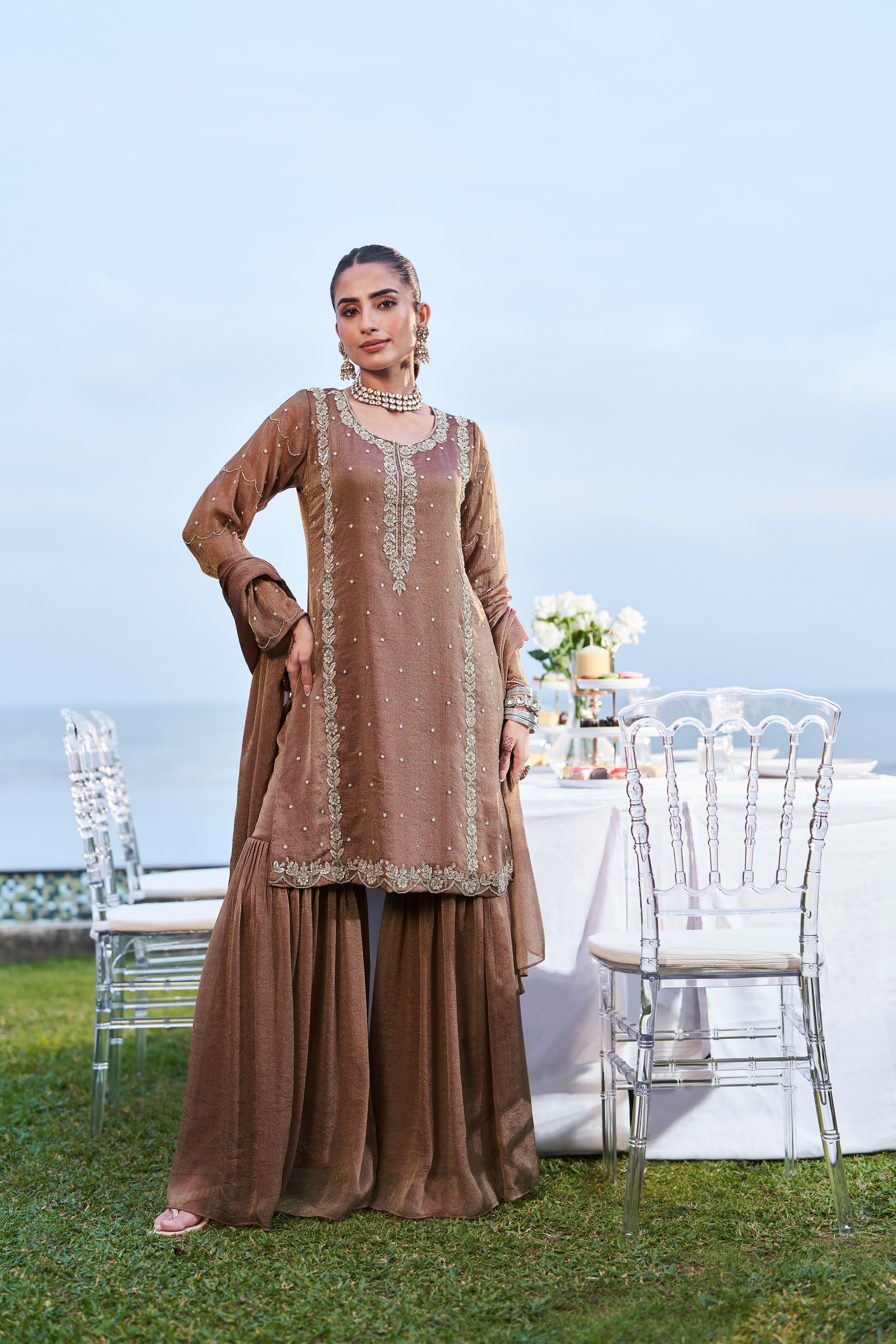 Dusty Mauve Embellished Shimmer Tissue Silk Sharara Set