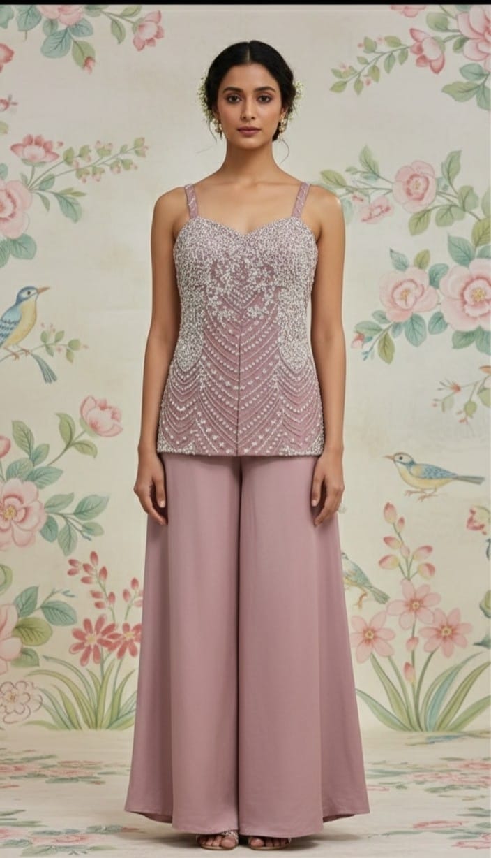 Pale Pink Embroidered Premium Organza Palazzo Set