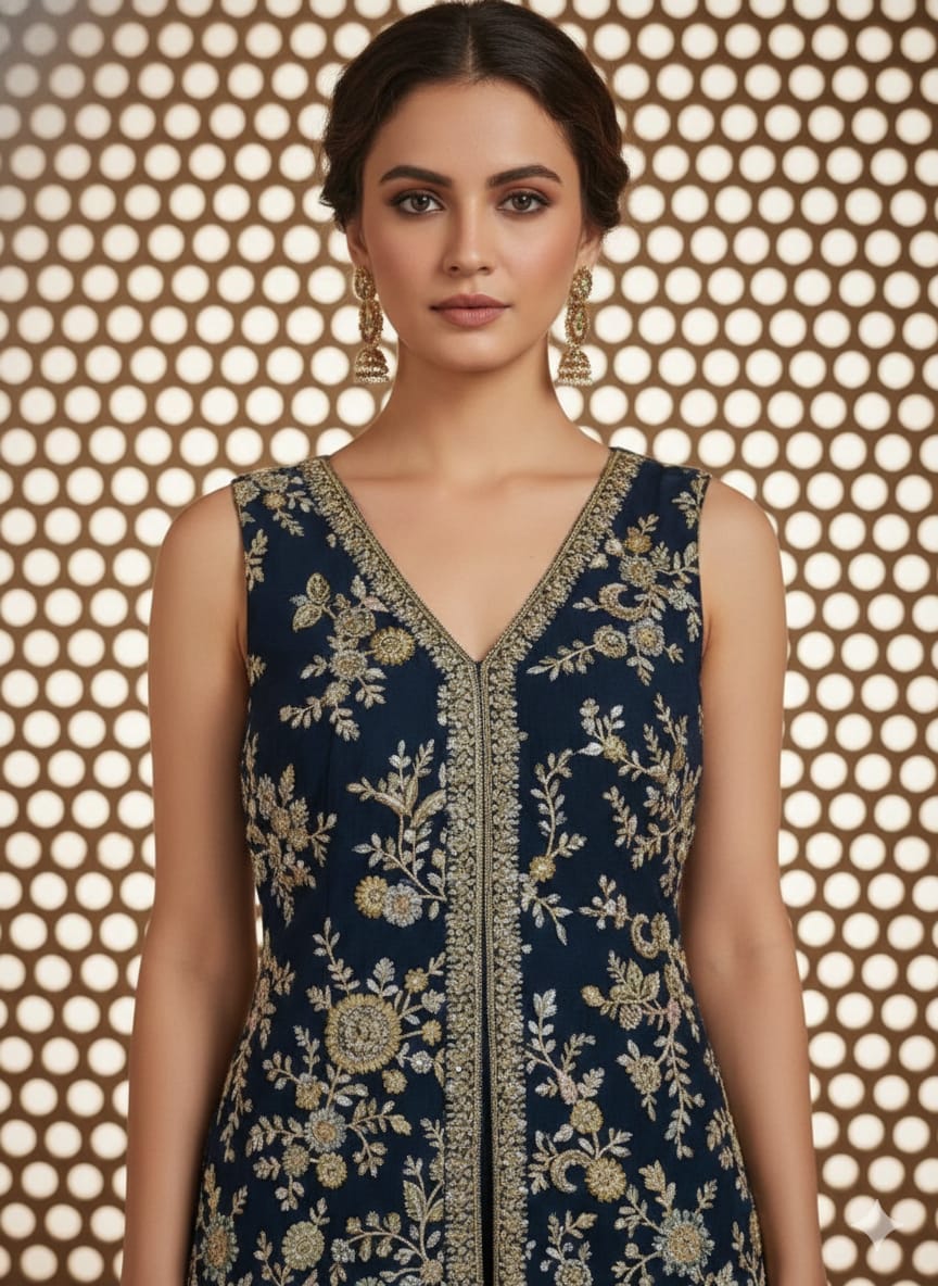 Oxford Blue Embroidered Premium Georgette Palazzo Set