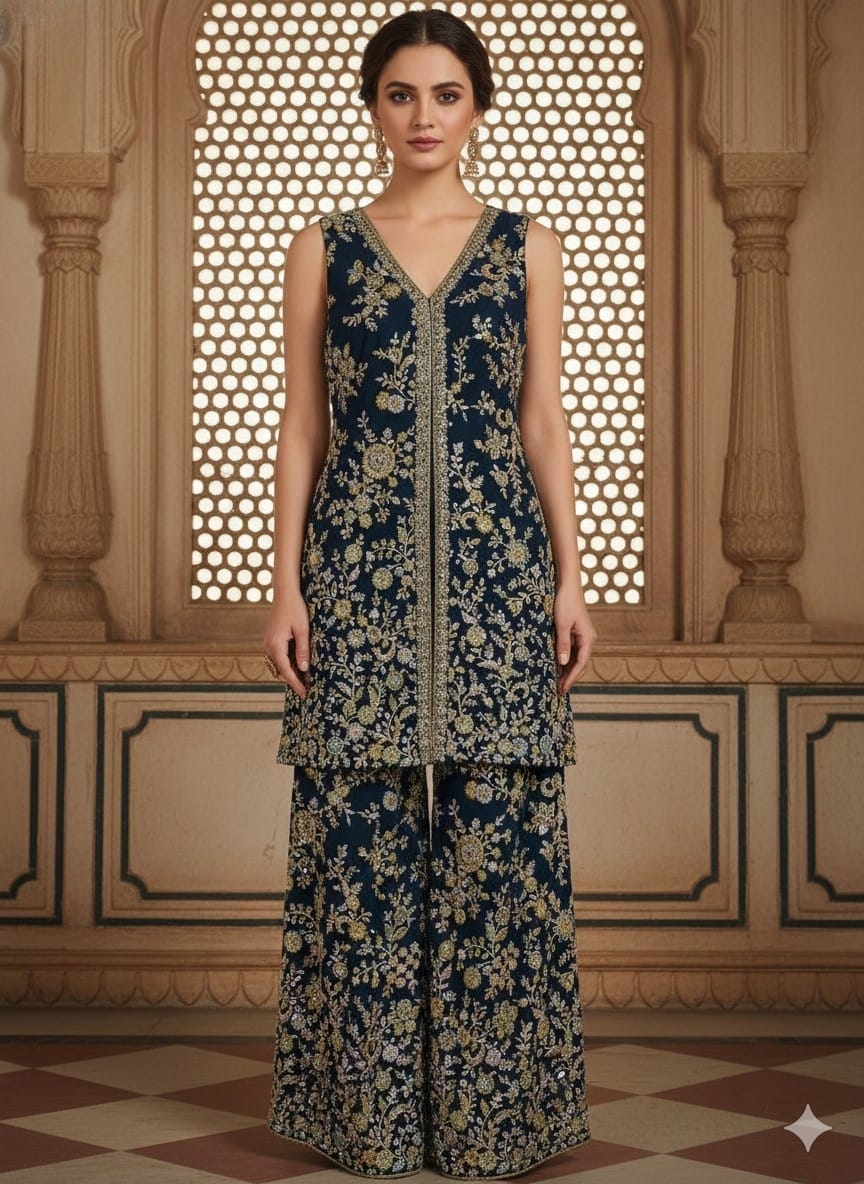 Oxford Blue Embroidered Premium Georgette Palazzo Set