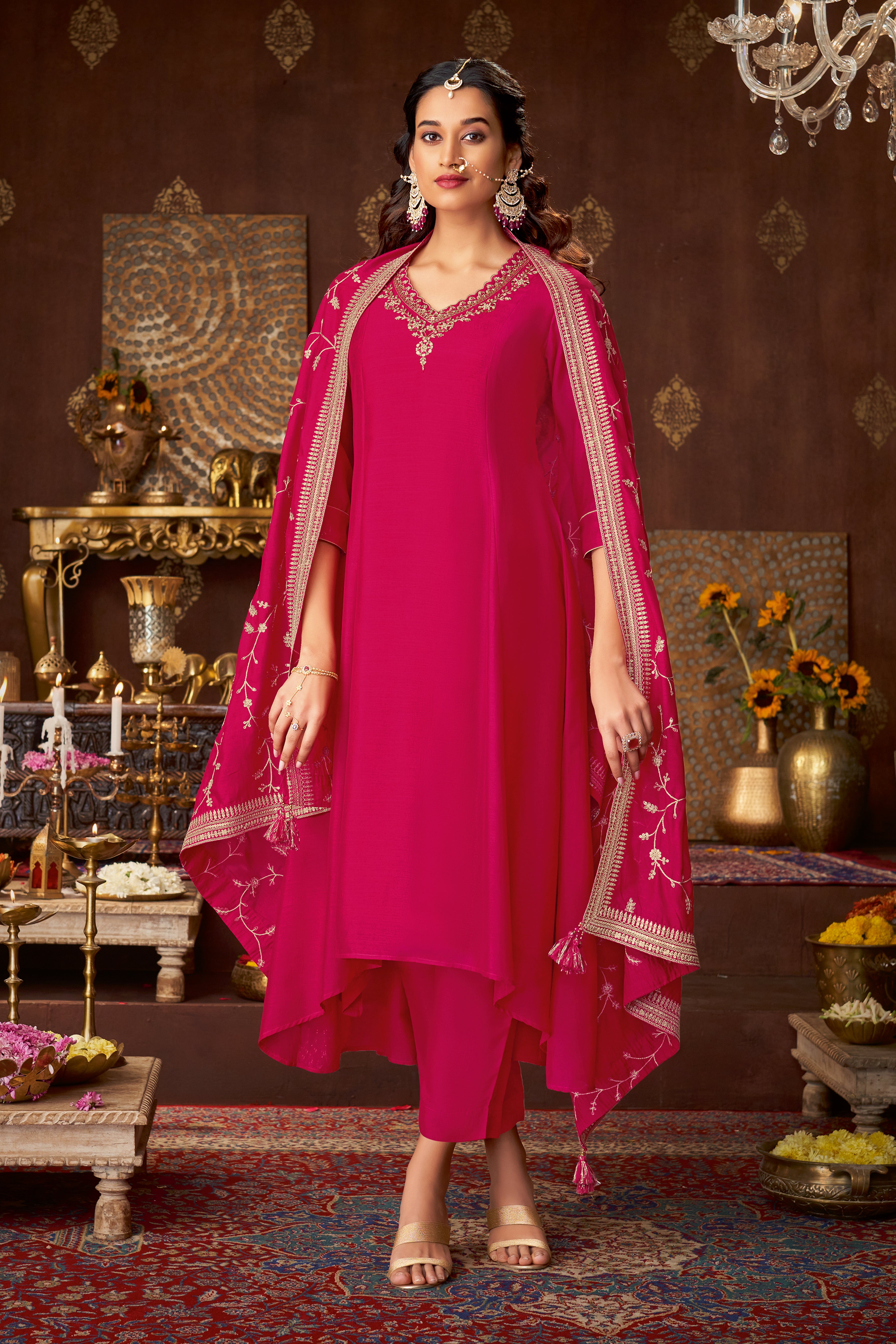 Cerise Pink Embellished Royal Silk Kurta Pants Set