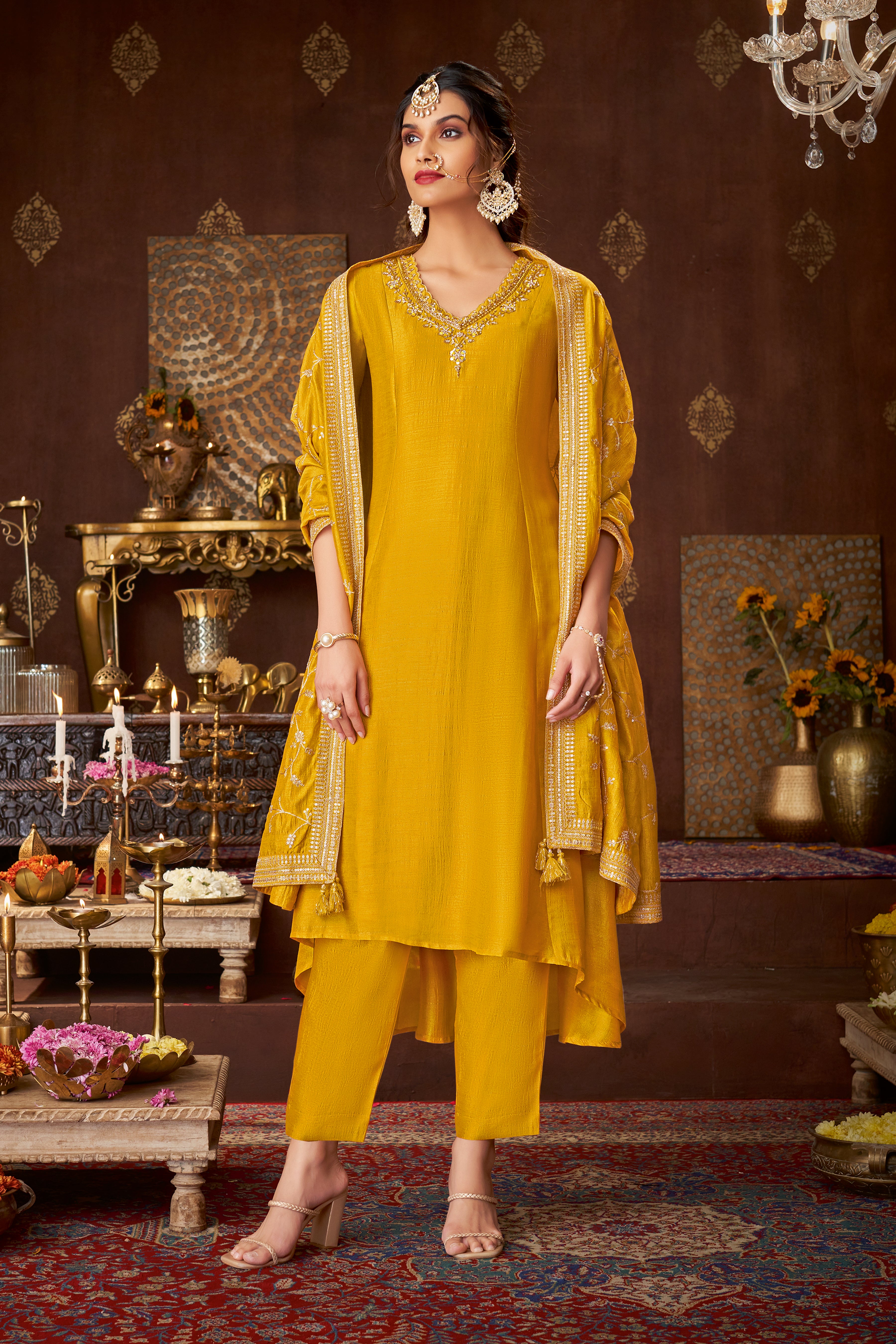 Yellow Embellished Royal Silk Kurta Pants Set