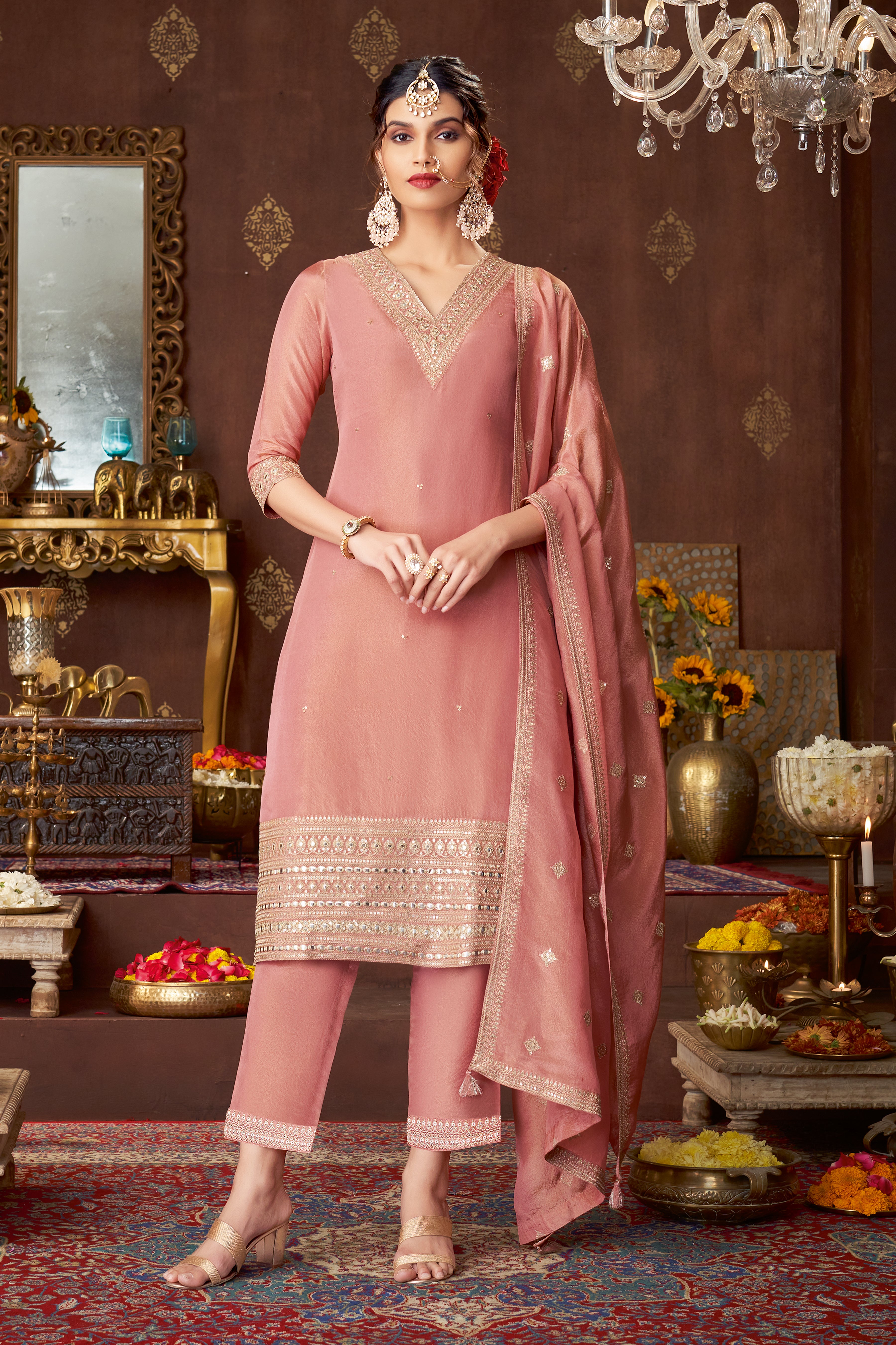 Pink Embellished Tissue Organza Silk Kurta Pants Set