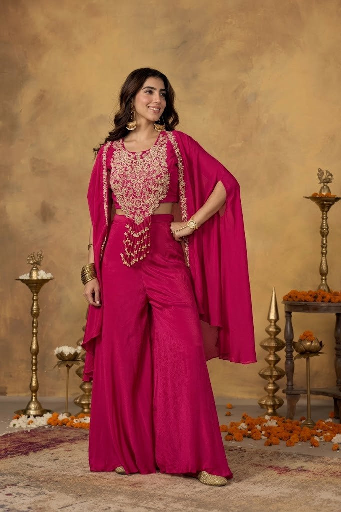 Rani Pink Embellished Chinon Silk Palazzo Set