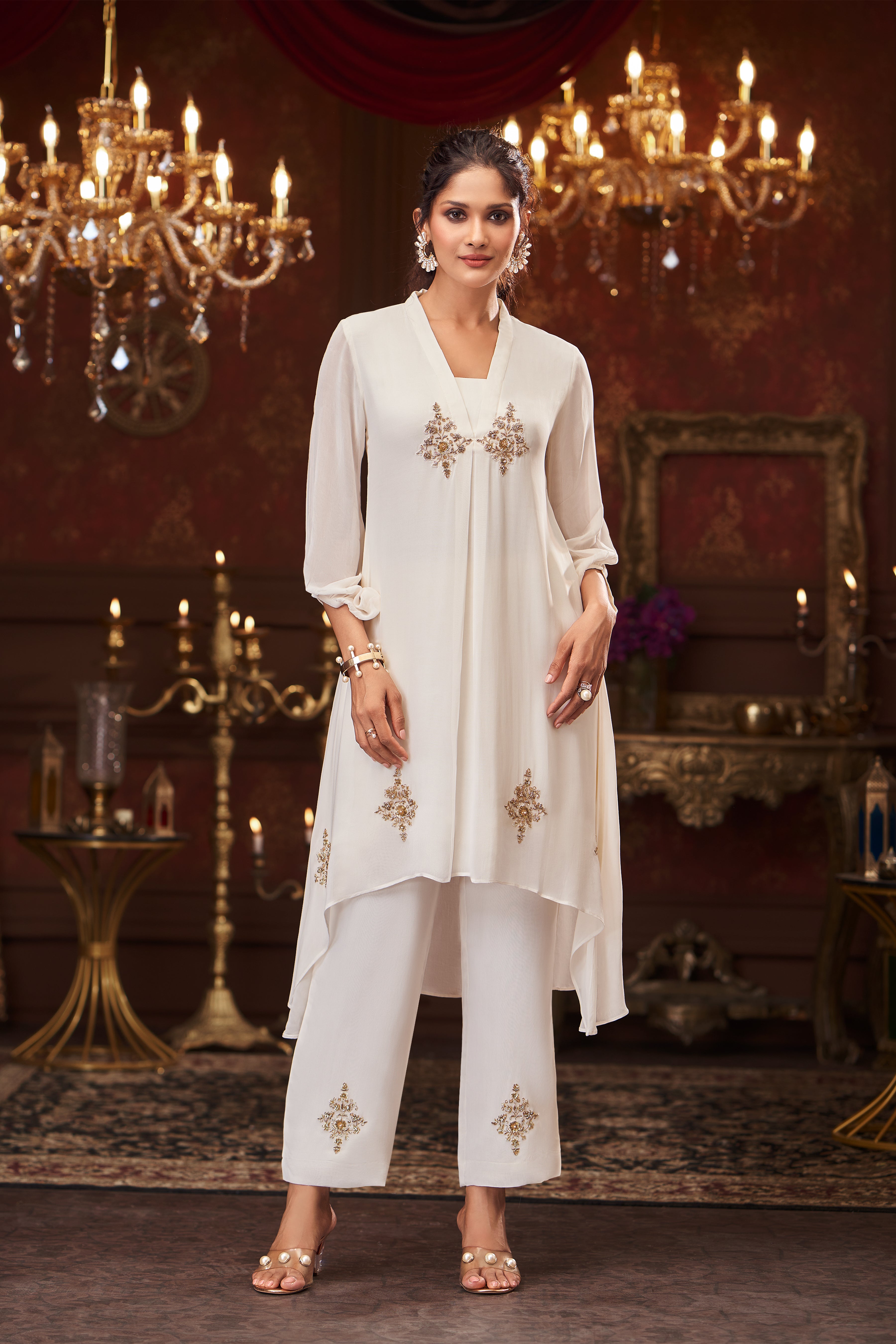 Ivory Printed Georgette Silk Kurta Set